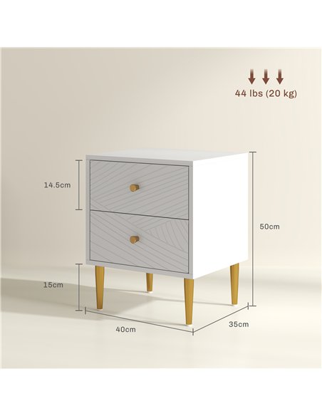 HOMCOM Elegant Two-Drawer Bedside Table - White/Gold-Tone - pic 126221 | FastDaddyshop