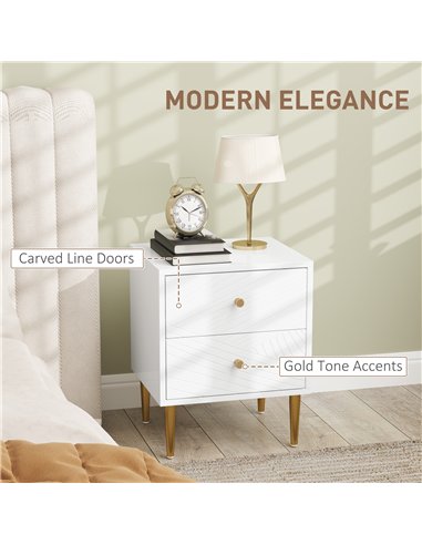 HOMCOM Elegant Two-Drawer Bedside Table - White/Gold-Tone