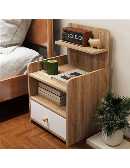 HOMCOM Multi-Storage Bedside Table - White/Wood-Effect - pic 126234 | FastDaddyshop