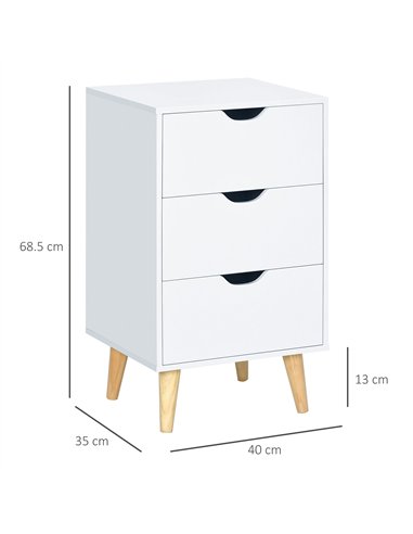 HOMCOM Bedside Table, Bedside Cabinet with 3 Drawers, Small Side Table with Wood Legs and Cut-out Handles for Bedroom, Cream Whi
