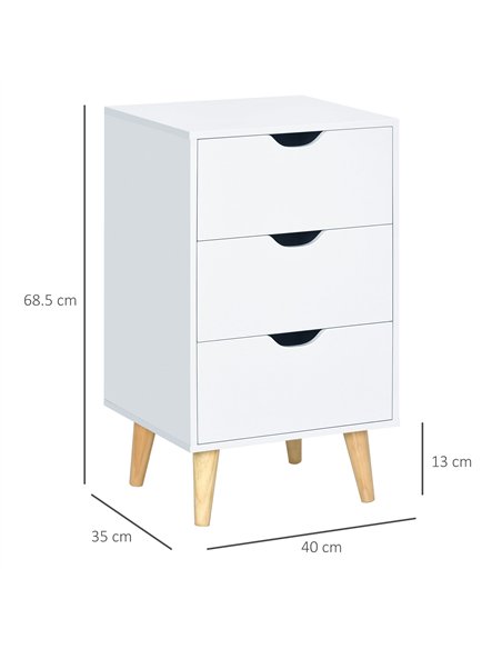 HOMCOM Bedside Table, Bedside Cabinet with 3 Drawers, Small Side Table with Wood Legs and Cut-out Handles for Bedroom, Cream Whi - pic 126284 | FastDaddyshop