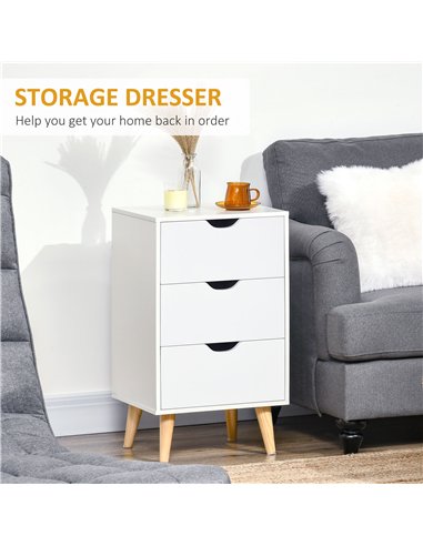 HOMCOM Bedside Table, Bedside Cabinet with 3 Drawers, Small Side Table with Wood Legs and Cut-out Handles for Bedroom, Cream Whi