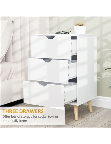 HOMCOM Bedside Table, Bedside Cabinet with 3 Drawers, Small Side Table with Wood Legs and Cut-out Handles for Bedroom, Cream Whi