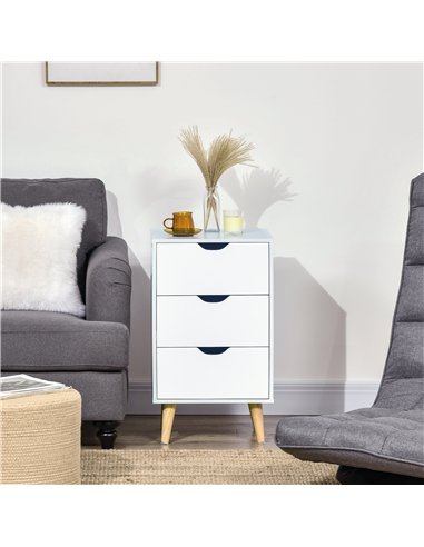 HOMCOM Bedside Table, Bedside Cabinet with 3 Drawers, Small Side Table with Wood Legs and Cut-out Handles for Bedroom, Cream Whi