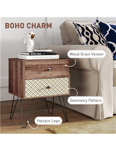 HOMCOM Nightstand, 2-Drawer Bedside Table, Bedside Cabinet, Sofa End Side Table for Living Room, Bedroom, Rustic Brown