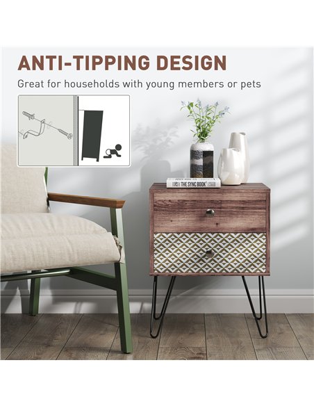 HOMCOM Nightstand, 2-Drawer Bedside Table, Bedside Cabinet, Sofa End Side Table for Living Room, Bedroom, Rustic Brown - pic 126305 | FastDaddyshop