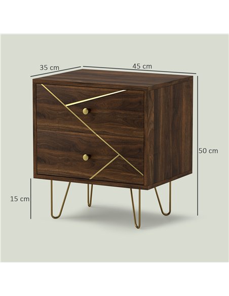 HOMCOM Bedside Tables Set of 2, Modern Side Table Set with 2 Drawers and Steel Hairpin Legs, Nightstand for Bedroom, Brown Wood  - pic 126347 | FastDaddyshop