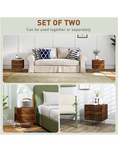 HOMCOM Bedside Tables Set of 2, Modern Side Table Set with 2 Drawers and Steel Hairpin Legs, Nightstand for Bedroom, Brown Wood 