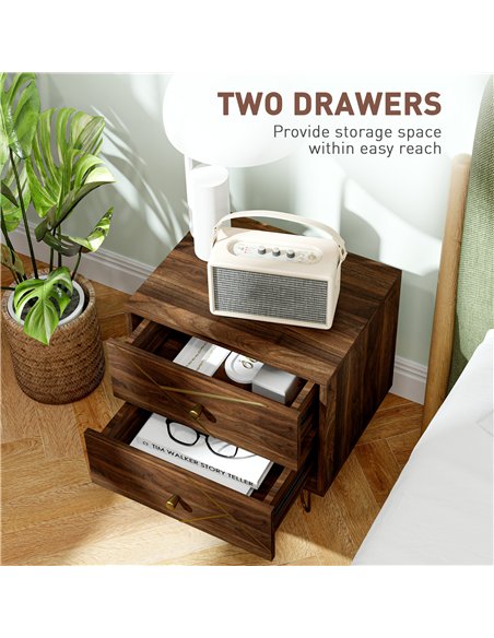 HOMCOM Bedside Tables Set of 2, Modern Side Table Set with 2 Drawers and Steel Hairpin Legs, Nightstand for Bedroom, Brown Wood  - pic 126349 | FastDaddyshop