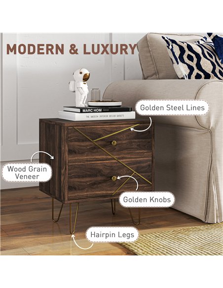 HOMCOM Bedside Tables Set of 2, Modern Side Table Set with 2 Drawers and Steel Hairpin Legs, Nightstand for Bedroom, Brown Wood  - pic 126350 | FastDaddyshop