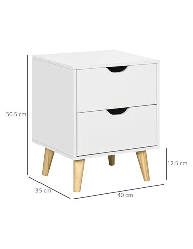 HOMCOM Bedside Table, Bedside Cabinet with 2 Drawers, Side End Table with Pine Wood Legs for Bedroom Living Room, White