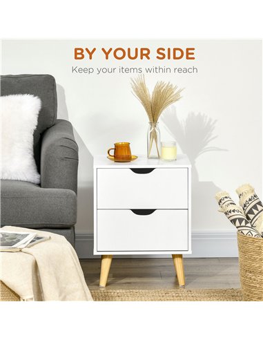 HOMCOM Bedside Table, Bedside Cabinet with 2 Drawers, Side End Table with Pine Wood Legs for Bedroom Living Room, White