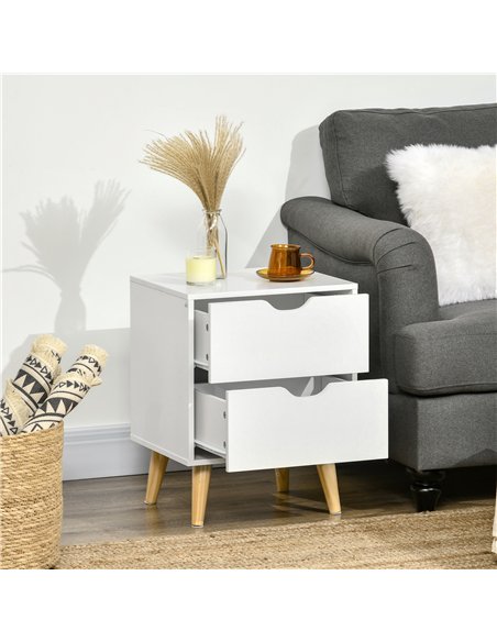HOMCOM Bedside Table, Bedside Cabinet with 2 Drawers, Side End Table with Pine Wood Legs for Bedroom Living Room, White - pic 126360 | FastDaddyshop