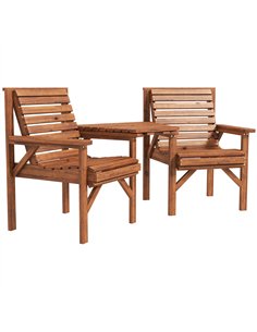 Outsunny Wooden Garden Love Seat w/ Coffee Table Umbrella Hole, Tan Brown