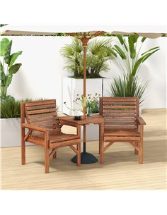 Outsunny Wooden Garden Love Seat w/ Coffee Table Umbrella Hole, Tan Brown 2
