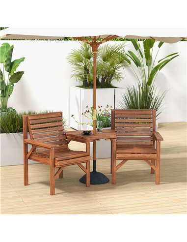 Outsunny Wooden Garden Love Seat w/ Coffee Table Umbrella Hole, Tan Brown