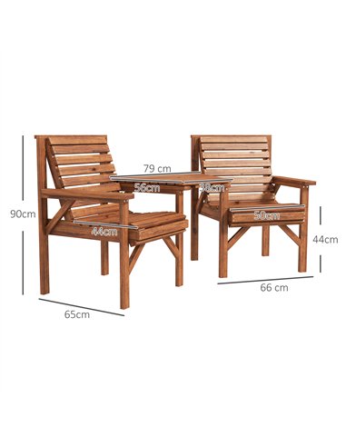Outsunny Wooden Garden Love Seat w/ Coffee Table Umbrella Hole, Tan Brown