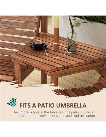 Outsunny Wooden Garden Love Seat w/ Coffee Table Umbrella Hole, Tan Brown - pic 126367 | FastDaddyshop