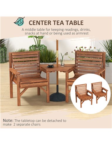 Outsunny Wooden Garden Love Seat w/ Coffee Table Umbrella Hole, Tan Brown