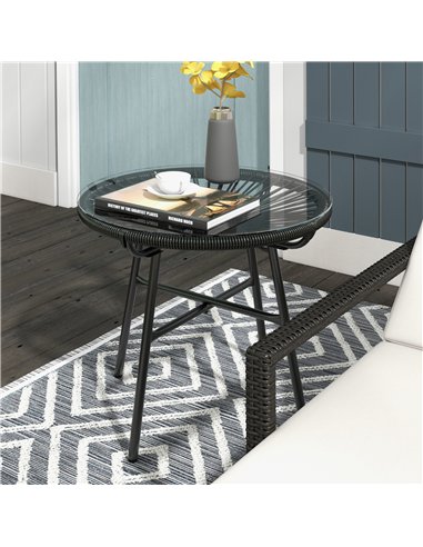 Outsunny Rattan Side Table, Round Outdoor Coffee Table, with Round PE Rattan and Tempered Glass Table Top for Patio, Garden, Bal