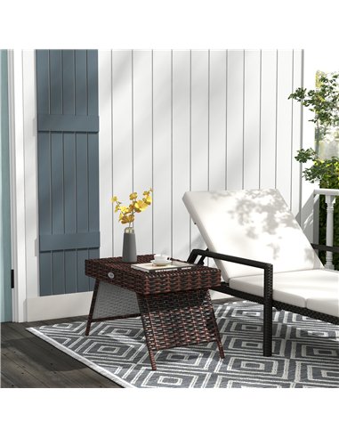 Outsunny Foldable Outdoor Coffee Table, Steel Frame Rattan Side Table, Coffee Table Side Table for Garden, Brown