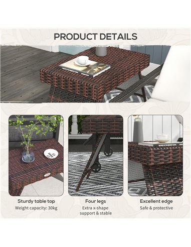 Outsunny Foldable Outdoor Coffee Table, Steel Frame Rattan Side Table, Coffee Table Side Table for Garden, Brown