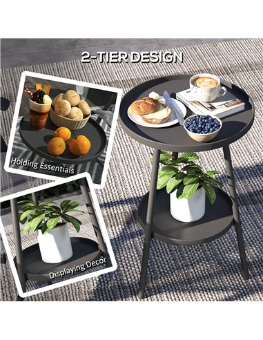 Outsunny Round Garden Table, 2-Tier Small Side Table, Metal Patio Table Coffee Table Dining Table for Porch Deck Balcony, Black