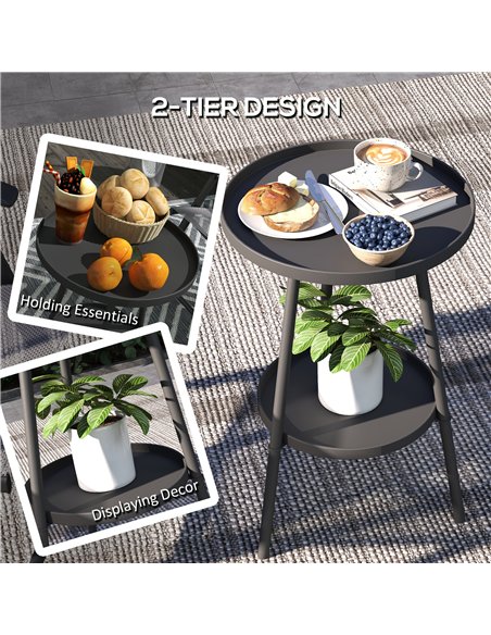 Outsunny Round Garden Table, 2-Tier Small Side Table, Metal Patio Table Coffee Table Dining Table for Porch Deck Balcony, Black - pic 126447 | FastDaddyshop