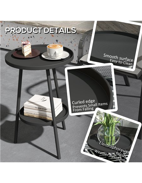 Outsunny Round Garden Table, 2-Tier Small Side Table, Metal Patio Table Coffee Table Dining Table for Porch Deck Balcony, Black - pic 126448 | FastDaddyshop