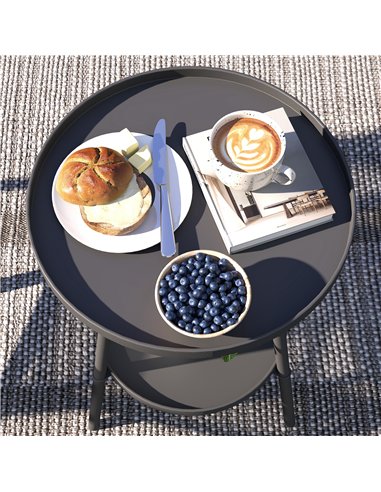 Outsunny Round Garden Table, 2-Tier Small Side Table, Metal Patio Table Coffee Table Dining Table for Porch Deck Balcony, Black