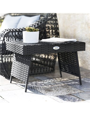 Outsunny Foldable Outdoor Coffee Table, Steel Frame Rattan Side Table, Coffee Table Side Table for Garden, Black