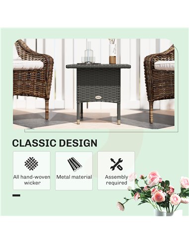 Outsunny Rattan Side Table, Outdoor Coffee Table with Plastic Board Under the Full Woven Table Top for Patio, Garden, Balcony, G