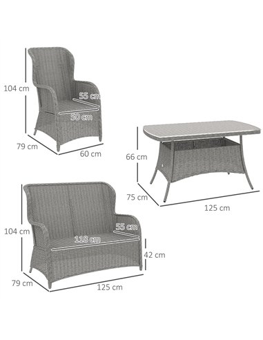Outsunny Garden PE Rattan Dining Sofa Set, Outdoor 4 Seater Wicker Furniture, High Back Chairs with Cushions, Tempered Glass Cof