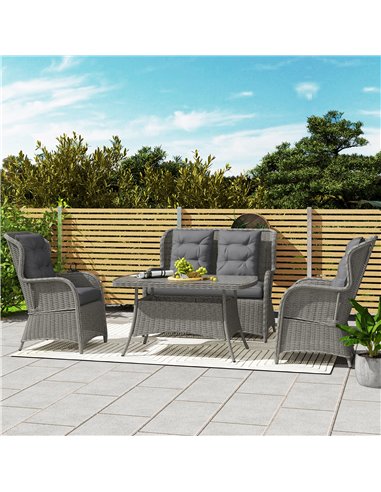 Outsunny Garden PE Rattan Dining Sofa Set, Outdoor 4 Seater Wicker Furniture, High Back Chairs with Cushions, Tempered Glass Cof