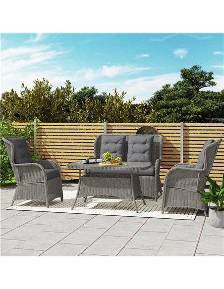 Outsunny Garden PE Rattan Dining Sofa Set, Outdoor 4 Seater Wicker Furniture, High Back Chairs with Cushions, Tempered Glass Cof - pic 126477 | FastDaddyshop