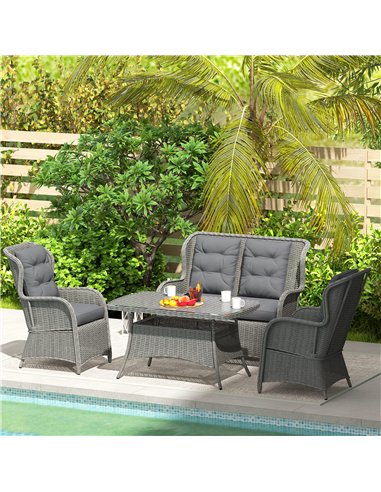 Outsunny Garden PE Rattan Dining Sofa Set, Outdoor 4 Seater Wicker Furniture, High Back Chairs with Cushions, Tempered Glass Cof