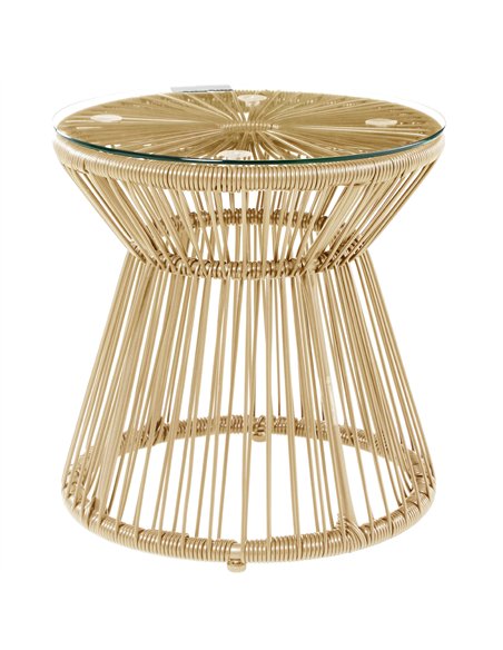 Outsunny Round End Table, Rattan Side Table, Hollow Drum Design Coffee Table w/ Glass Tabletop for Patio, Garden, Balcony Natura - pic 126480 | FastDaddyshop