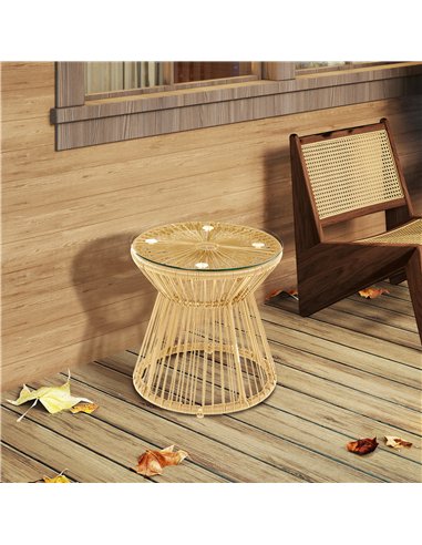 Outsunny Round End Table, Rattan Side Table, Hollow Drum Design Coffee Table w/ Glass Tabletop for Patio, Garden, Balcony Natura