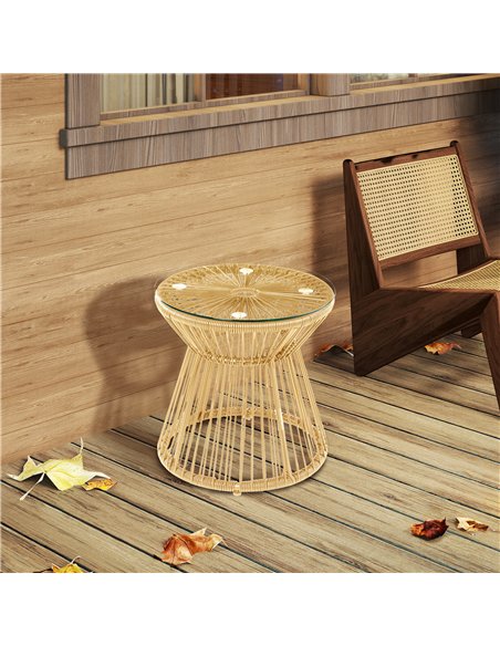 Outsunny Round End Table, Rattan Side Table, Hollow Drum Design Coffee Table w/ Glass Tabletop for Patio, Garden, Balcony Natura - pic 126481 | FastDaddyshop