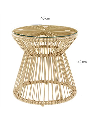 Outsunny Round End Table, Rattan Side Table, Hollow Drum Design Coffee Table w/ Glass Tabletop for Patio, Garden, Balcony Natura
