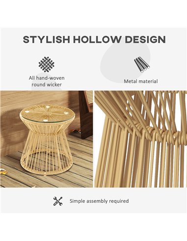 Outsunny Round End Table, Rattan Side Table, Hollow Drum Design Coffee Table w/ Glass Tabletop for Patio, Garden, Balcony Natura