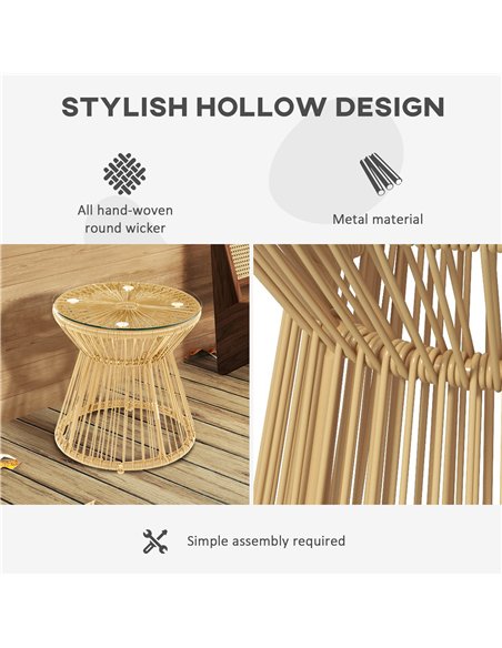 Outsunny Round End Table, Rattan Side Table, Hollow Drum Design Coffee Table w/ Glass Tabletop for Patio, Garden, Balcony Natura - pic 126484 | FastDaddyshop