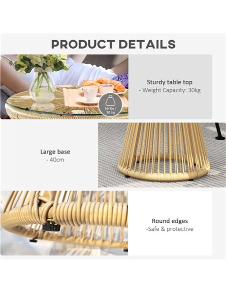 Outsunny Round End Table, Rattan Side Table, Hollow Drum Design Coffee Table w/ Glass Tabletop for Patio, Garden, Balcony Natura - pic 126485 | FastDaddyshop