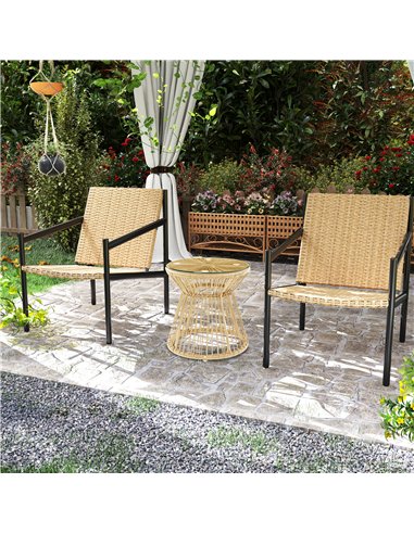 Outsunny Round End Table, Rattan Side Table, Hollow Drum Design Coffee Table w/ Glass Tabletop for Patio, Garden, Balcony Natura