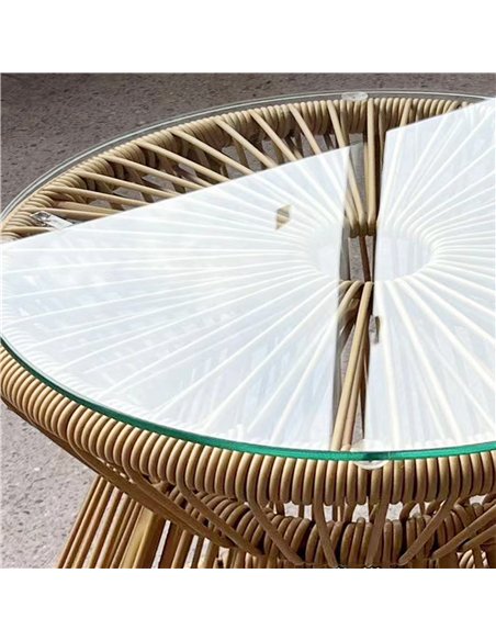 Outsunny Round End Table, Rattan Side Table, Hollow Drum Design Coffee Table w/ Glass Tabletop for Patio, Garden, Balcony Natura - pic 126488 | FastDaddyshop