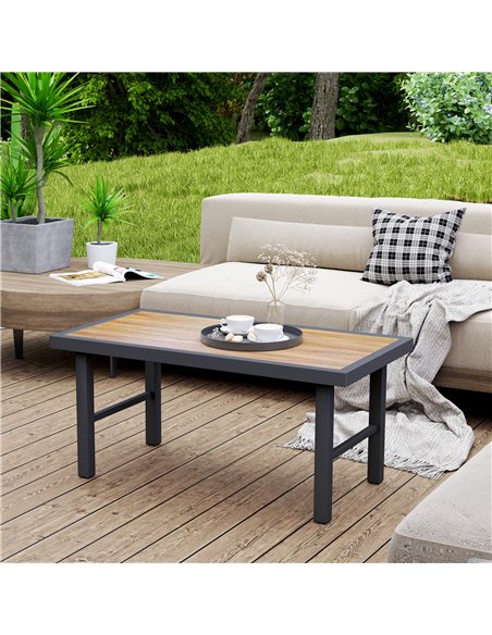 Outsunny Metal Garden Coffee Table, Outdoor Side Table with SPC Woodgrain Tabletop for Outside, Garden, Balcony, Porch, 100 x 53 - pic 126490 | FastDaddyshop