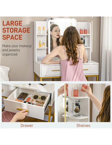 HOMCOM LED Light Dressing Table, with Stool - White - pic 126538 | FastDaddyshop
