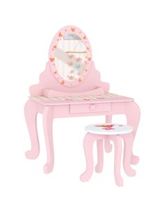 AIYAPLAY Kids Dressing Table Set, Vanity Table with Stool, Mirror, Drawer, Desktop Storage, Strawberry Theme, Pink
