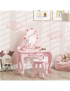 AIYAPLAY Kids Dressing Table Set, Vanity Table with Stool, Mirror, Drawer, Desktop Storage, Strawberry Theme, Pink 2