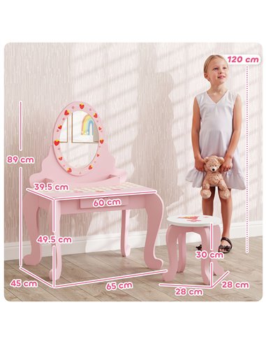 AIYAPLAY Kids Dressing Table Set, Vanity Table with Stool, Mirror, Drawer, Desktop Storage, Strawberry Theme, Pink